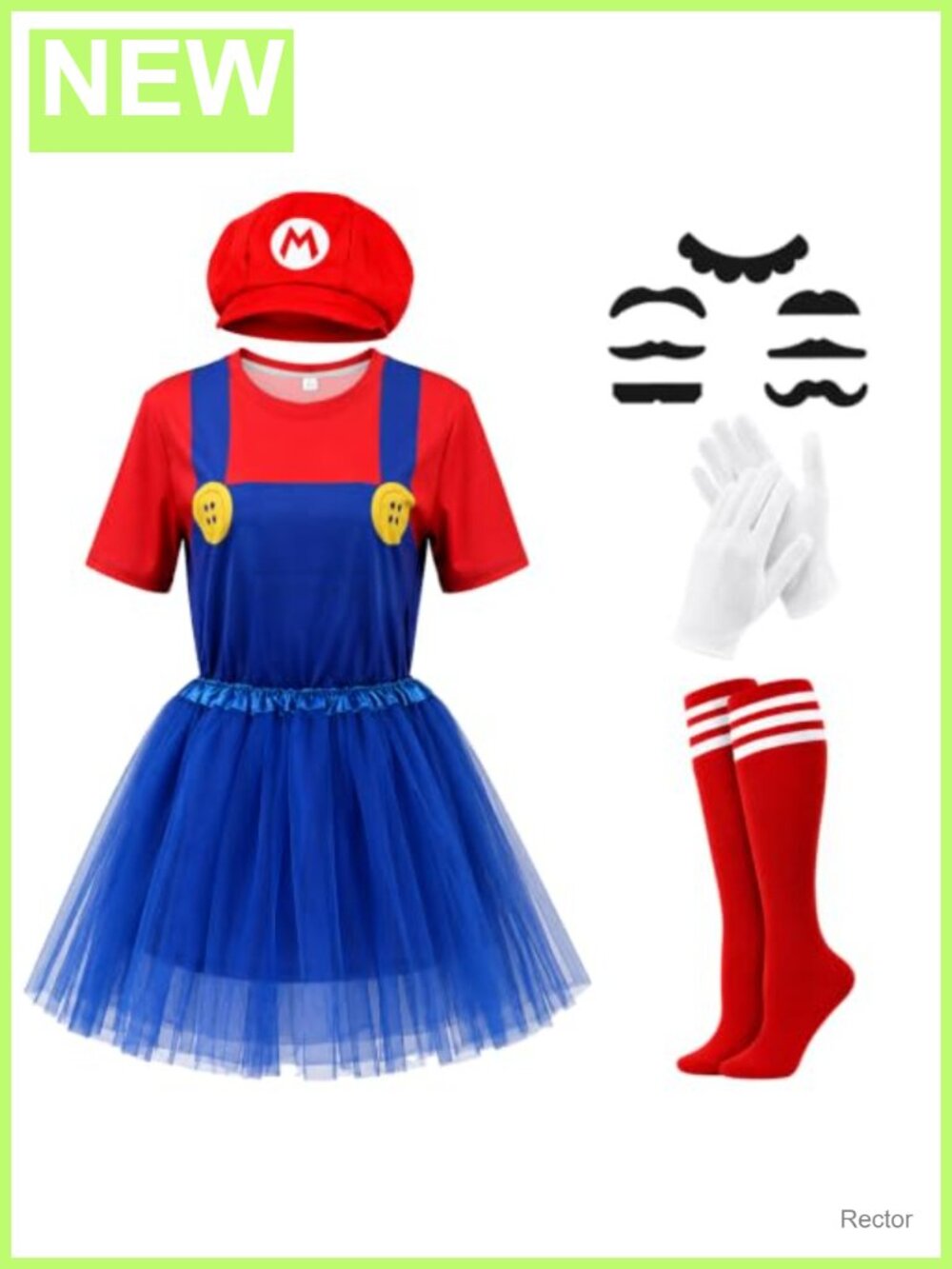 Halloween Costume Set Women Plumber Cosplay T-Shirt Skirt Hat Mustache Gloves